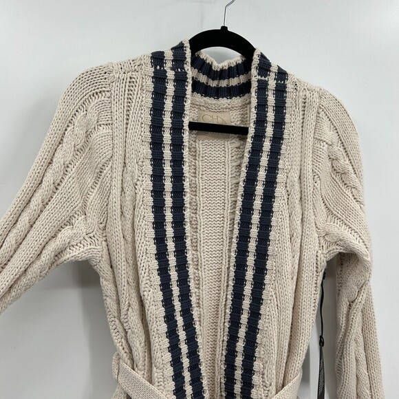 NWT CHASER Cream Navy Blue Chunky Cable Knit Waist Tie Cardigan Sweater Small - Picture 5 of 9